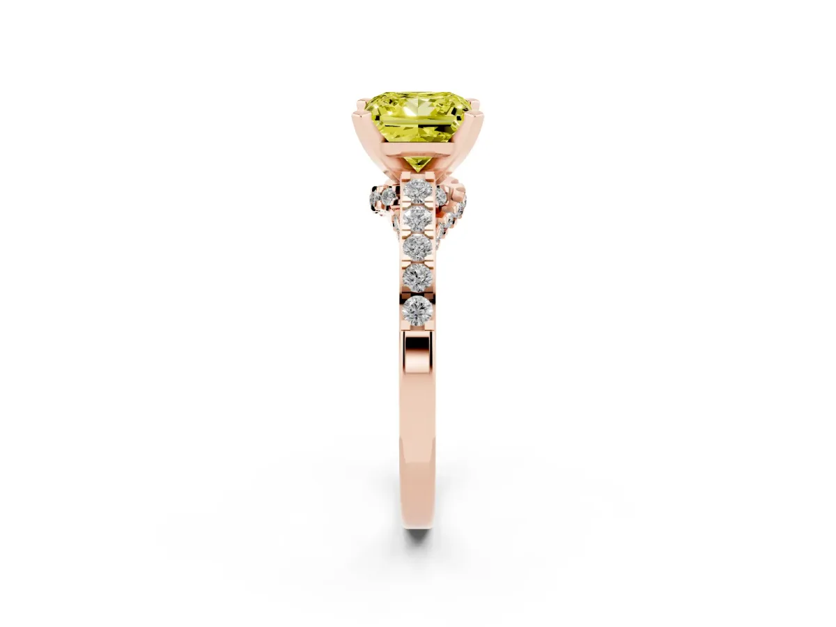 Fancy Yellow Princess Cut Diamond Solitaire Ring with Crossover Gallery and Round Pavé Band Rose gold