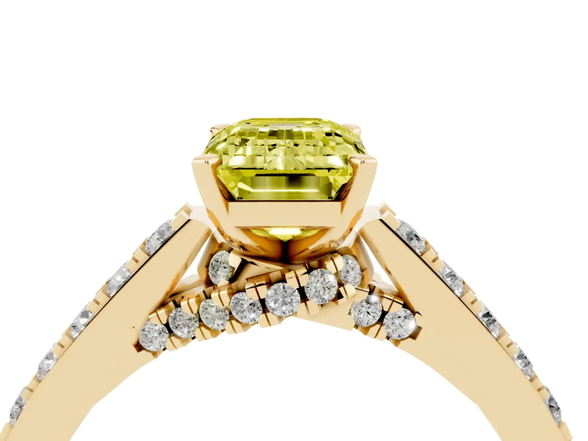 Fancy Yellow Emerald Cut Diamond Solitaire Ring with Crossover Gallery and Round Pavé Band Yellow gold