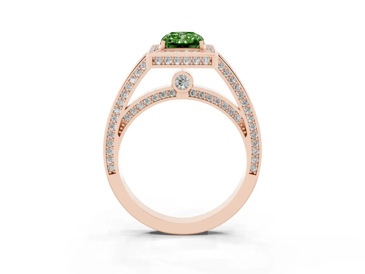 Fancy Green Radiant Cut Cut Halo Pave Split Shank Prong Setting Ring Rose gold