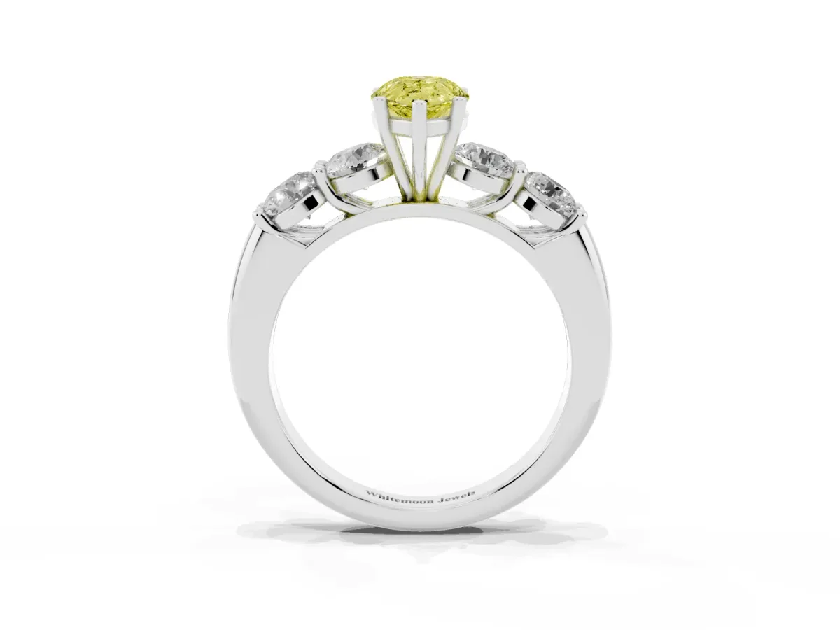 Fancy Yellow Pear Cut Cut Five-Stone Prong Set Diamond Ring with Classic Band Silver