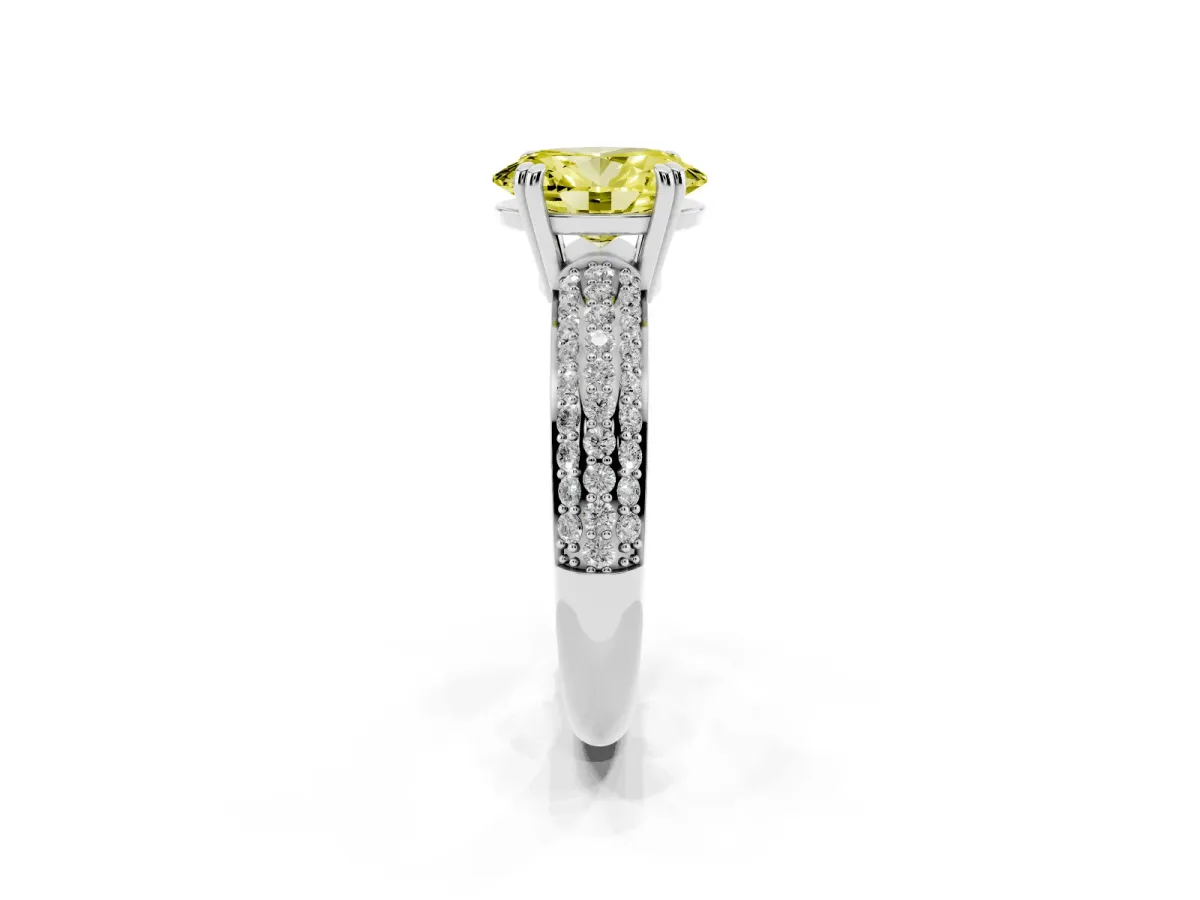 Fancy Yellow Oval Cut Diamond Solitaire Ring with Multi-Row Round Pavé Band and Prong Setting Silver