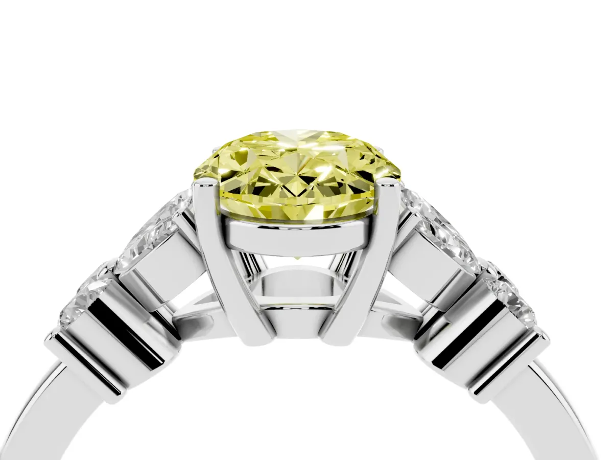 Fancy Yellow Oval Cut Diamond Floral Cluster Ring with Solitaire Band and Prong Setting White gold
