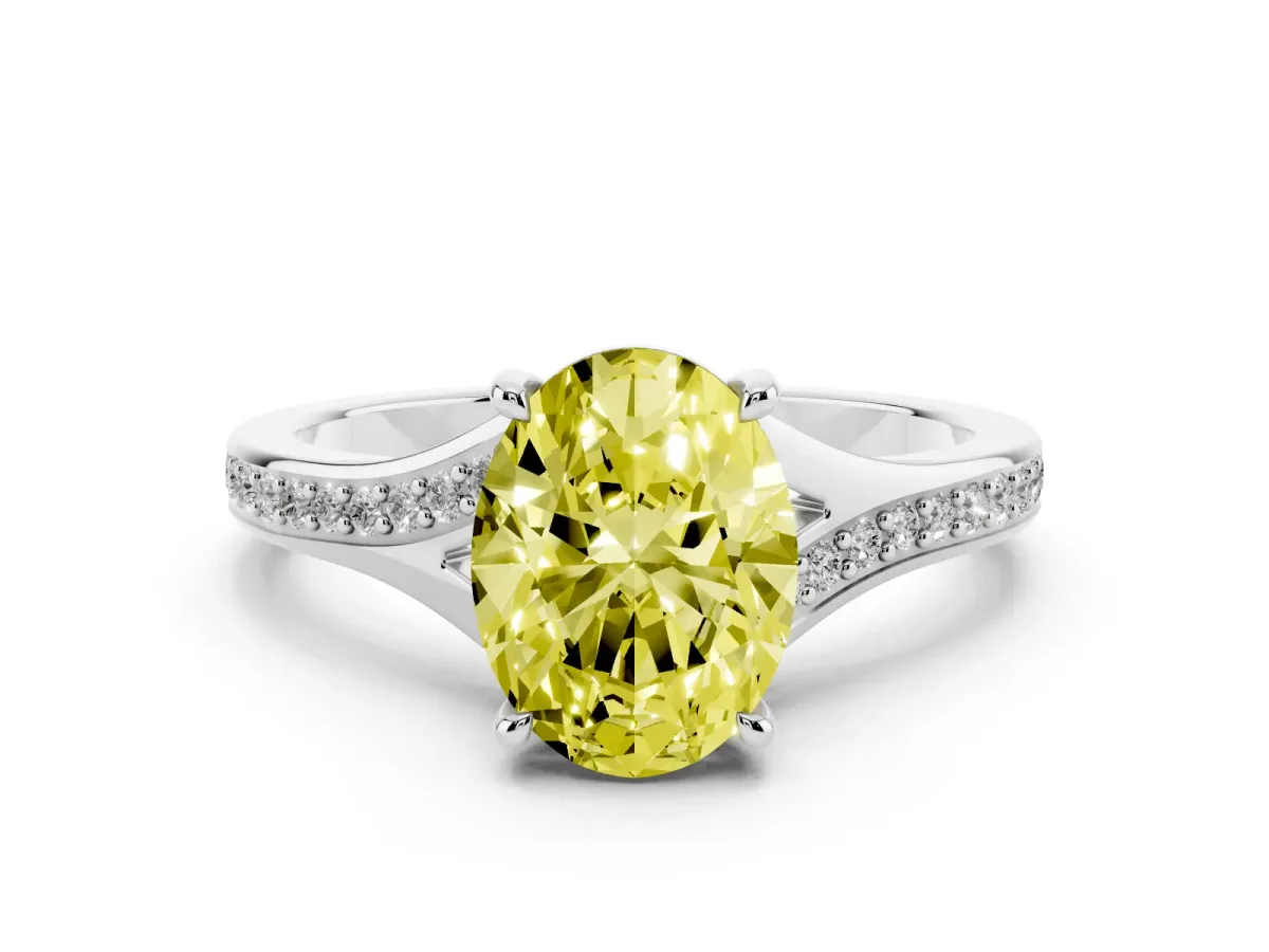 Fancy Yellow Oval Cut Diamond Solitaire Ring with Pavé Band and Prong Setting Silver