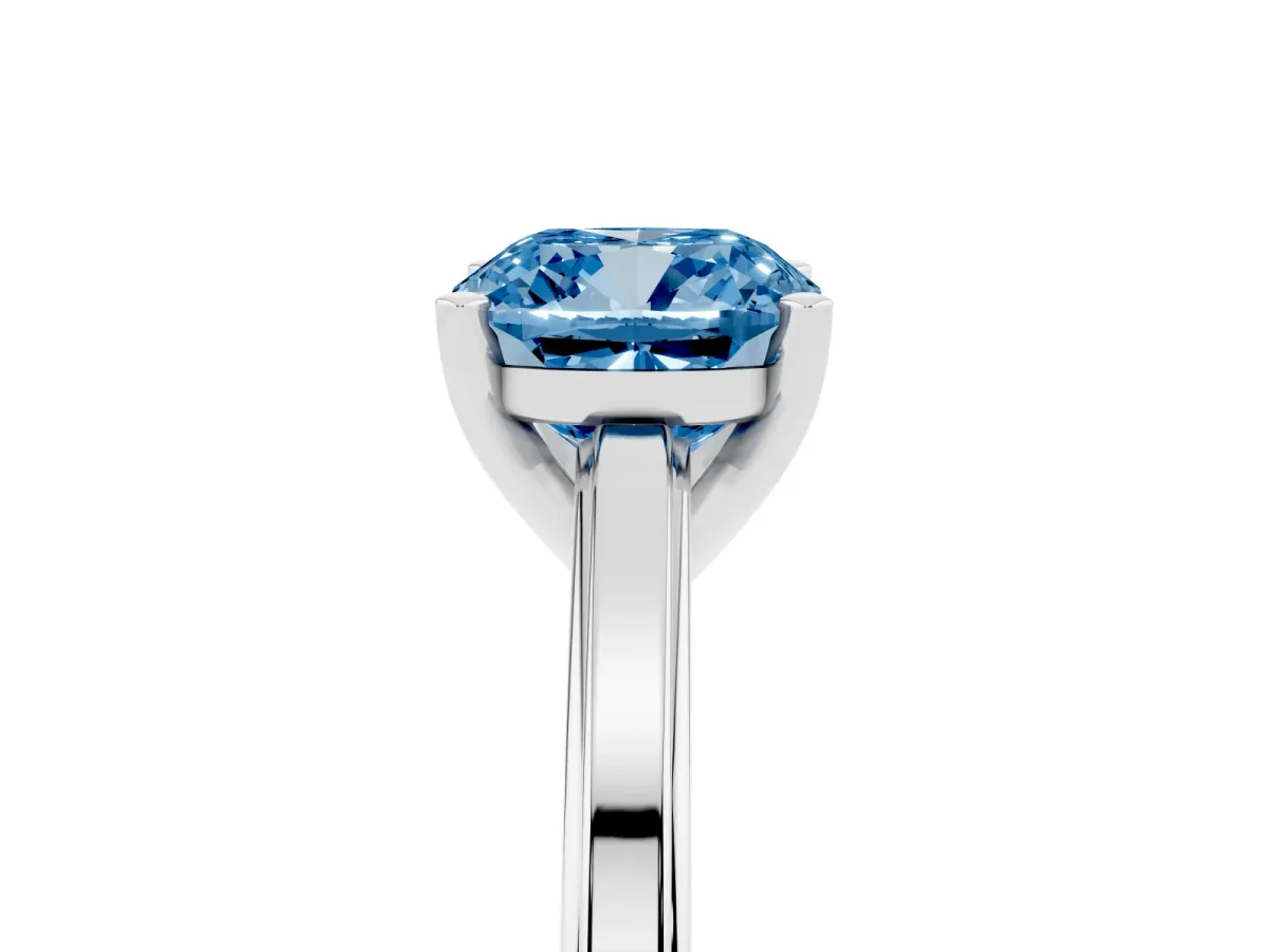 Fancy Blue Cushion Cut Solitaire Diamond Ring with Four-Prong Setting and Classic Band Platinum