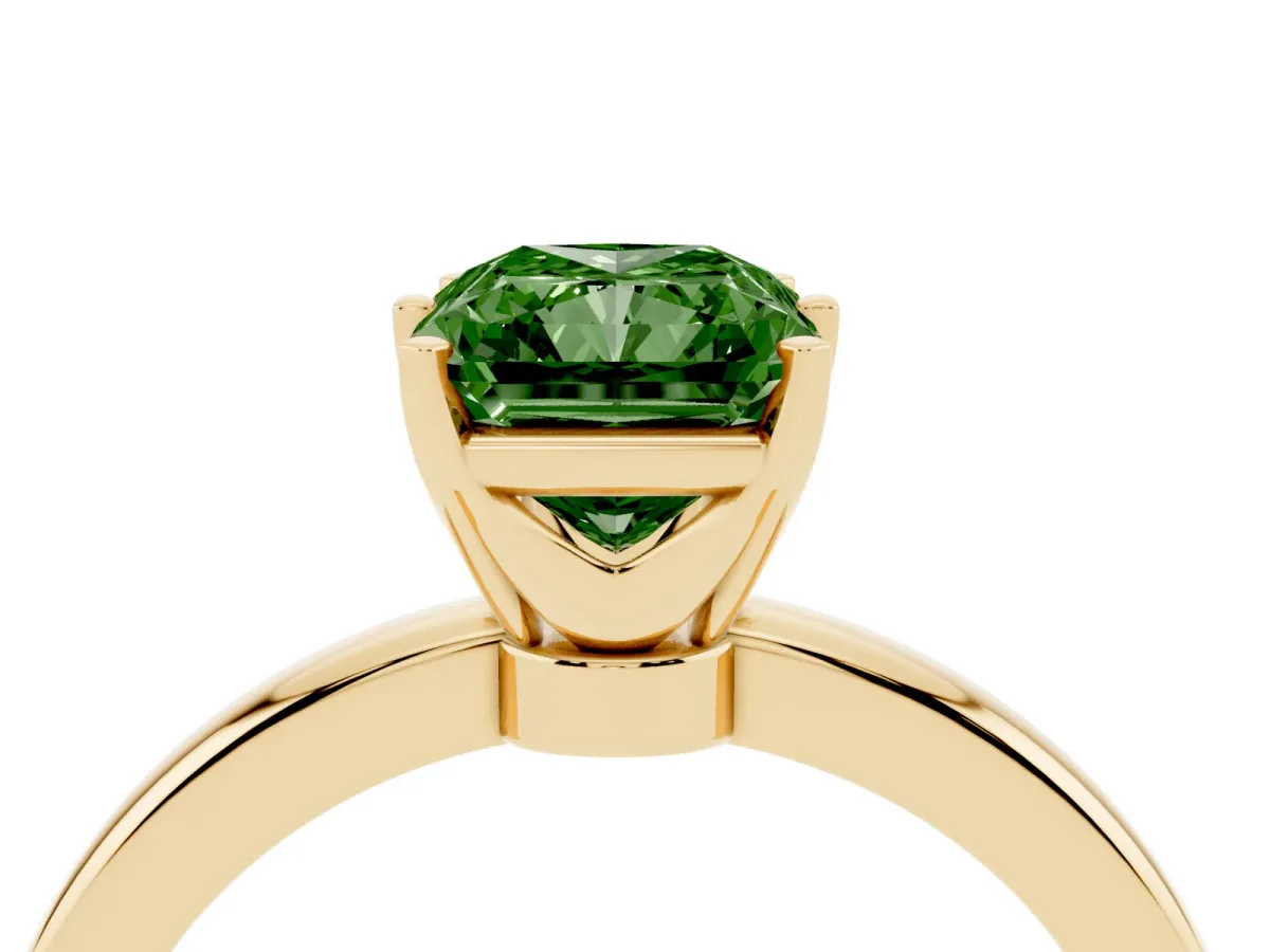Fancy Green Radiant Cut Solitaire Diamond Ring with Six-Prong Setting on a Classic Band Yellow gold