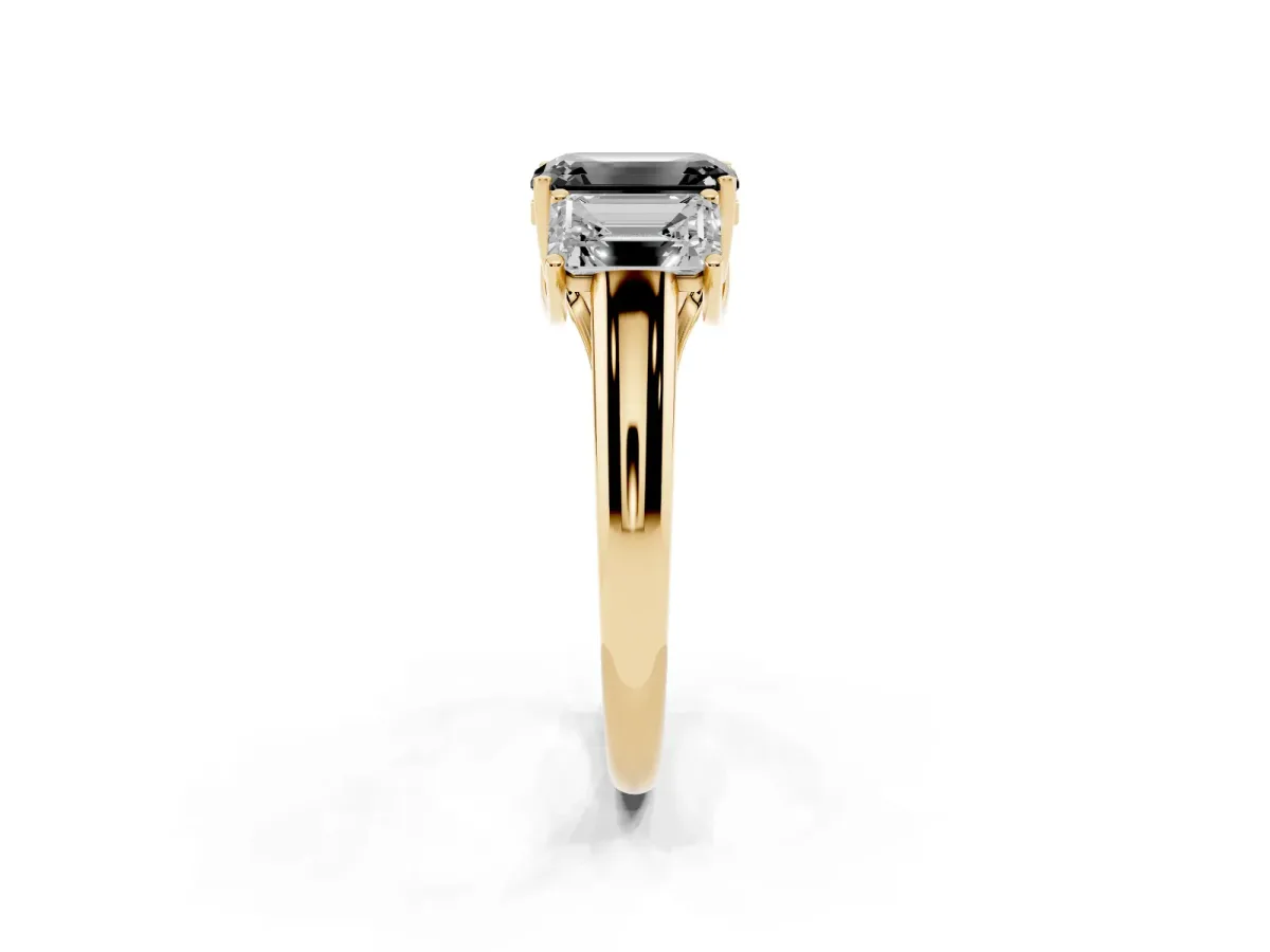 Fancy Black Three-Stone Emerald Cut Diamond Engagement Ring with Prong Setting Yellow gold