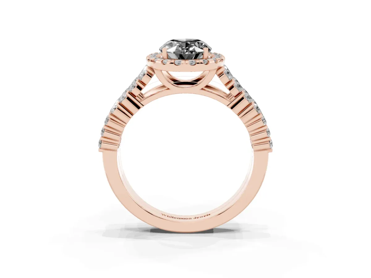 Fancy Black Oval Cut Diamond Halo Engagement Ring with Triple Row Round Pavé Band and Prong Setting Rose gold