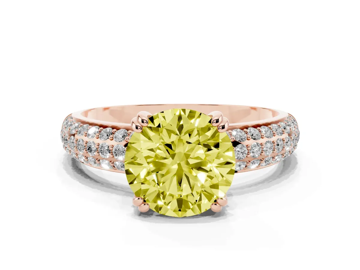 Fancy Yellow Round Cut Diamond Solitaire Ring with Multi-Row Round Pavé Band and Prong Setting Rose gold