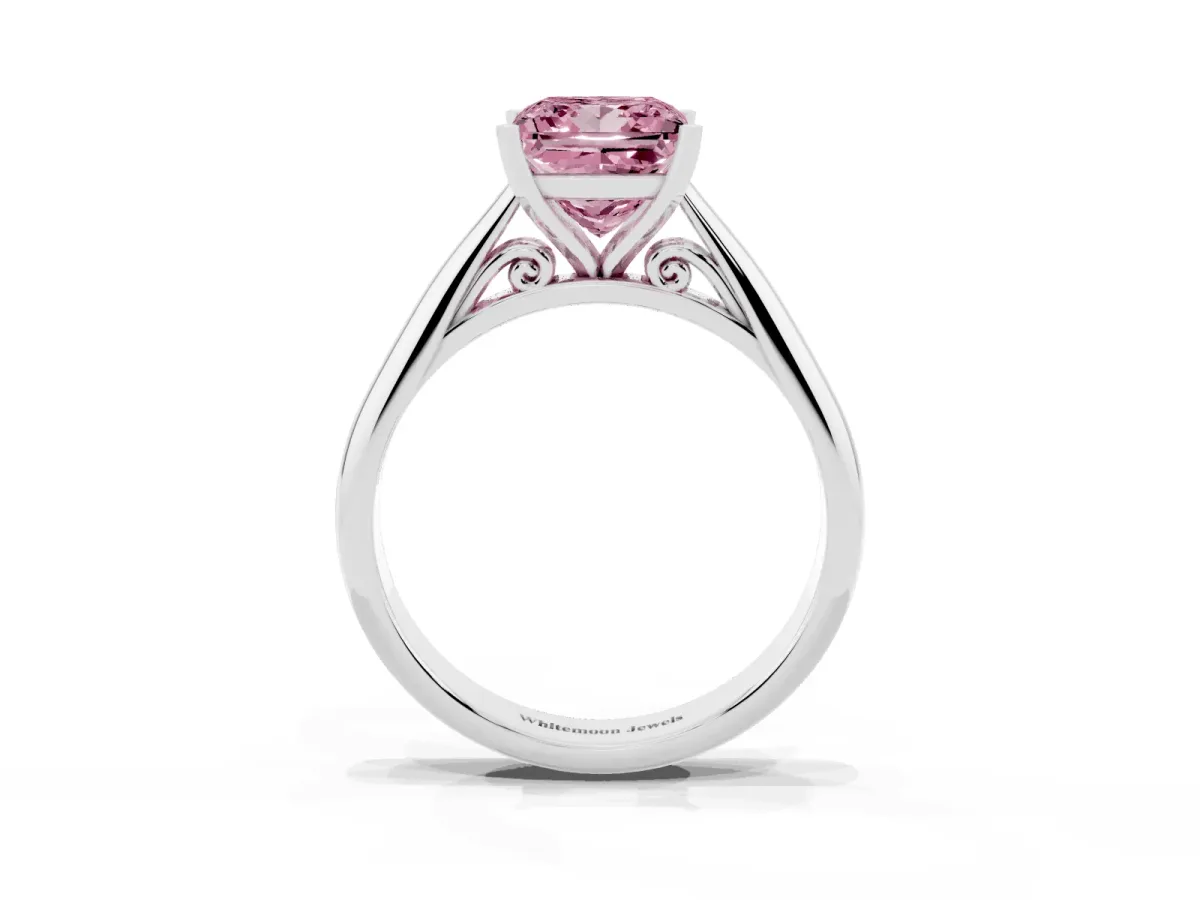 Fancy Pink Princess Cut Diamond Solitaire Engagement Ring with Cathedral Setting and Four-Prong Mount Silver