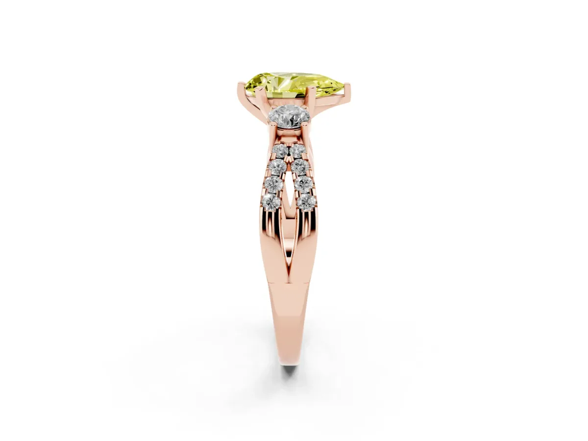 Fancy Yellow Pear Cut Diamond Three-Stone Ring with Pavé Split Shank and Four-Prong Setting Rose gold