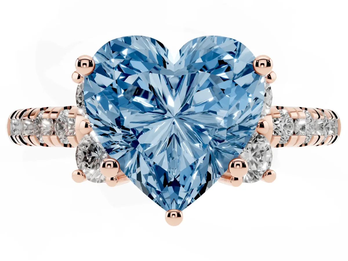 Fancy Blue Heart Cut Diamond Three-Stone Pave Band with Four-Prong Setting Rose gold