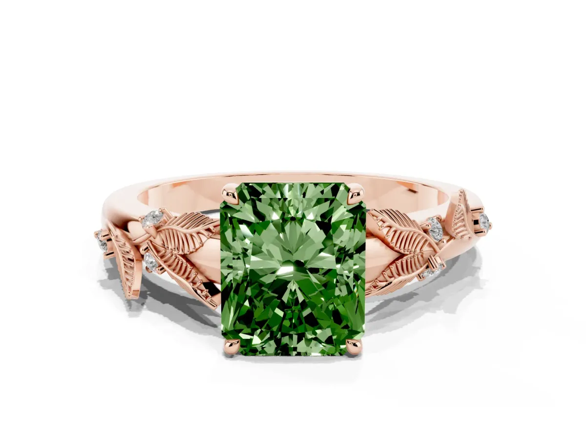 Fancy Green Radiant Cut Diamond Solitaire Ring with Leaf Motif Band and Four-Prong Setting Rose gold