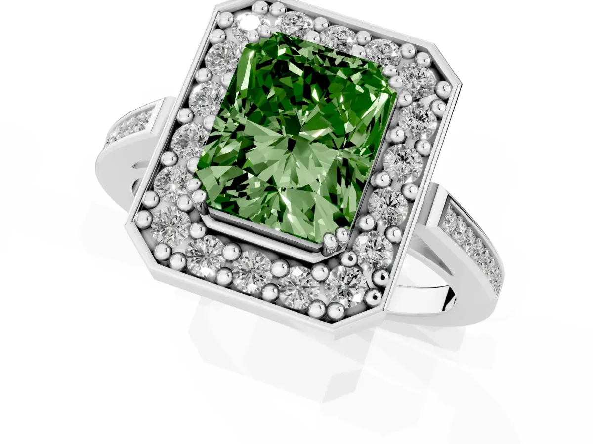 Fancy Green Radiant Cut Diamond Halo Ring with Split Shank and Four-Prong Setting Silver