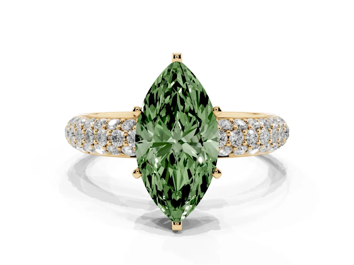 Fancy Green Marquise Cut Diamond Solitaire Ring with Prong Setting and Pavé Band Yellow gold