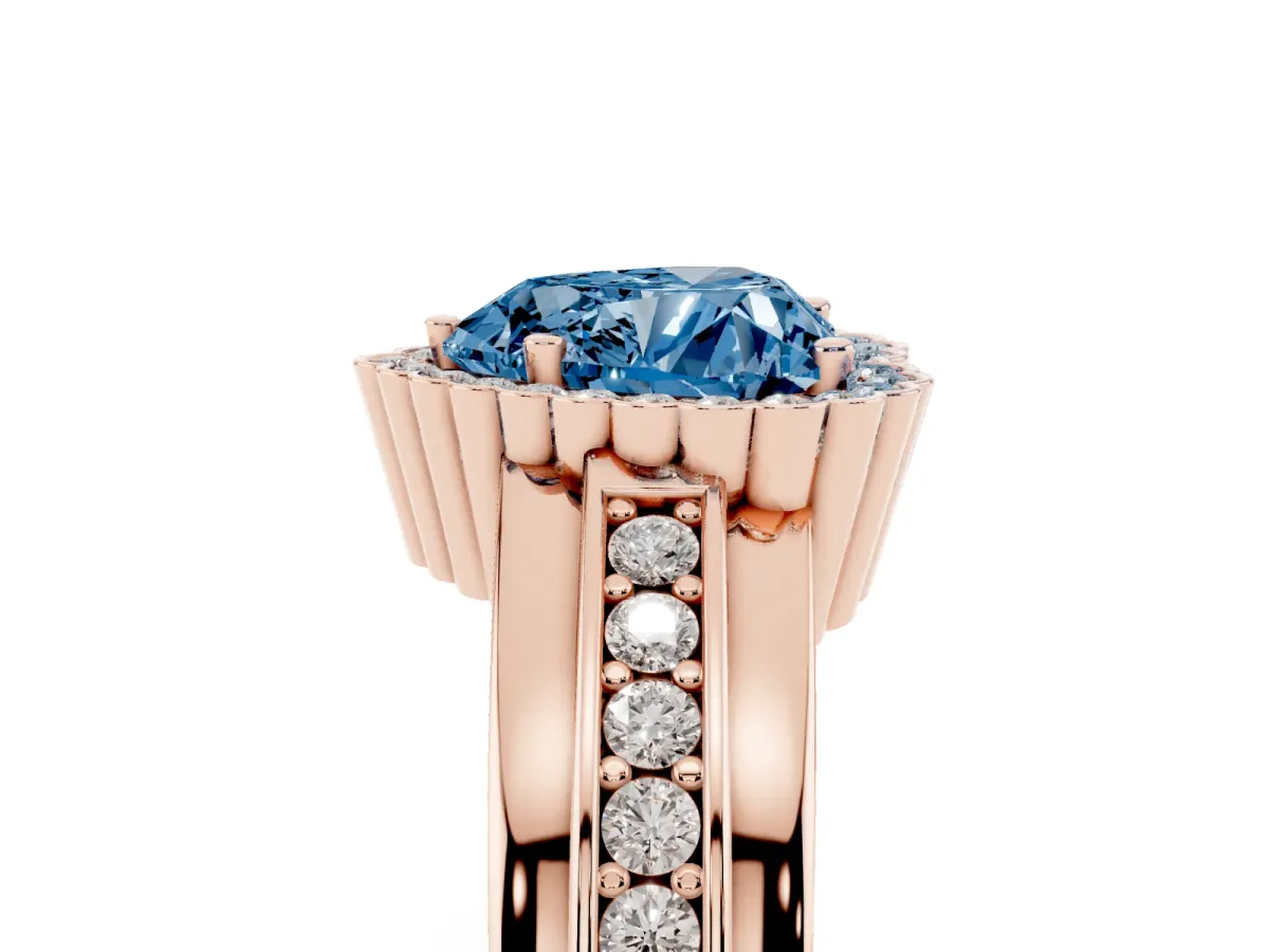 Fancy Blue Heart Cut Cut Halo Pave Band Four-Prong Ring Rose gold