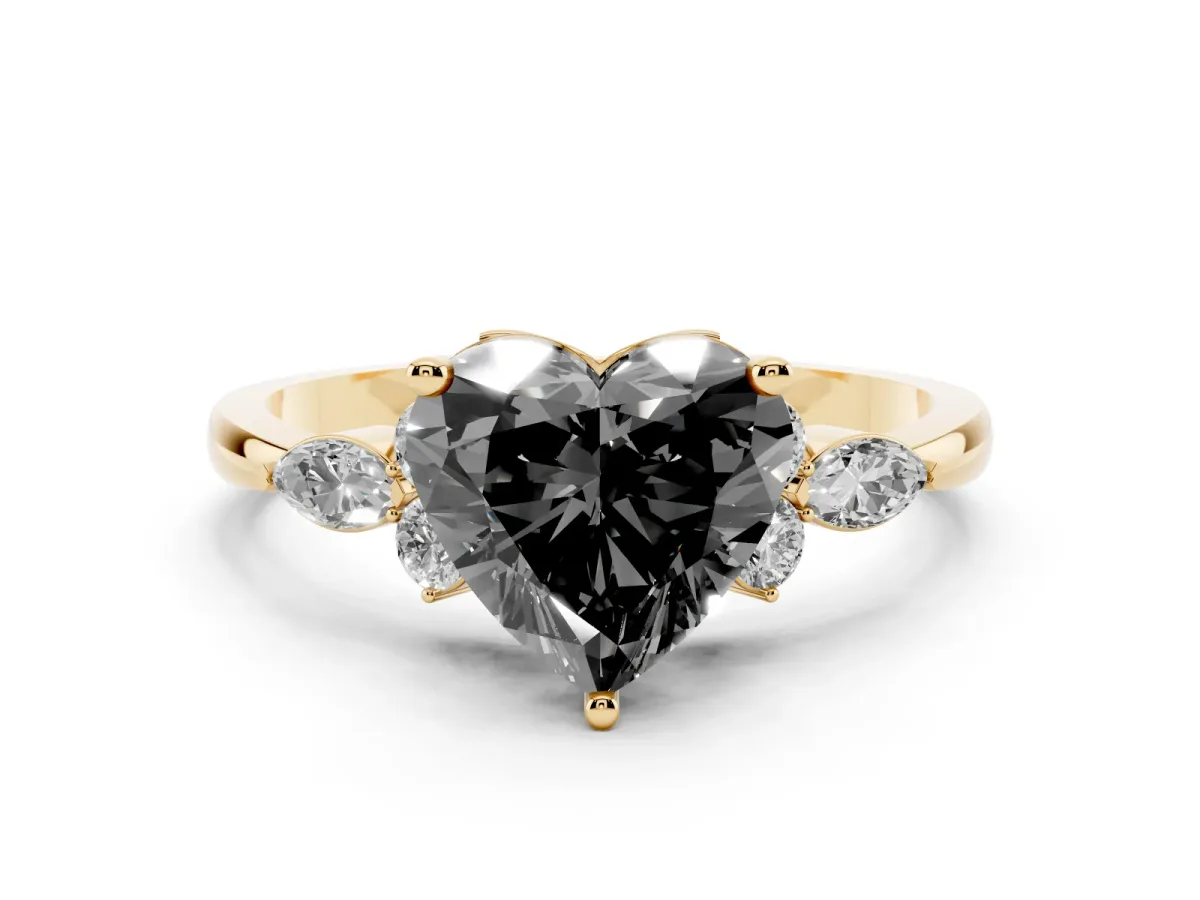 Fancy Black Heart Cut Brilliant Diamond Solitaire Ring with Pear Side Stones and Four-Prong Setting Yellow gold