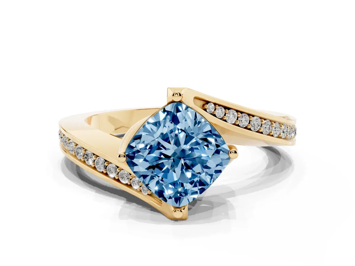 Fancy Blue Cushion Cut Solitaire Diamond Twist Band with Pavé Setting and Four-Prong Setting Yellow gold
