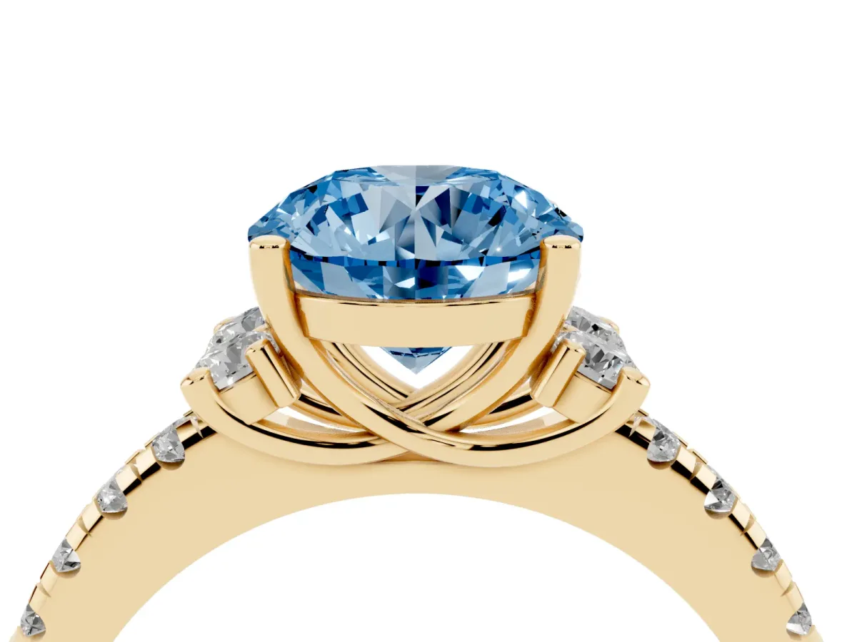 Fancy Blue Round Cut Diamond Three-Stone Pave Band with Four-Prong Setting Yellow gold