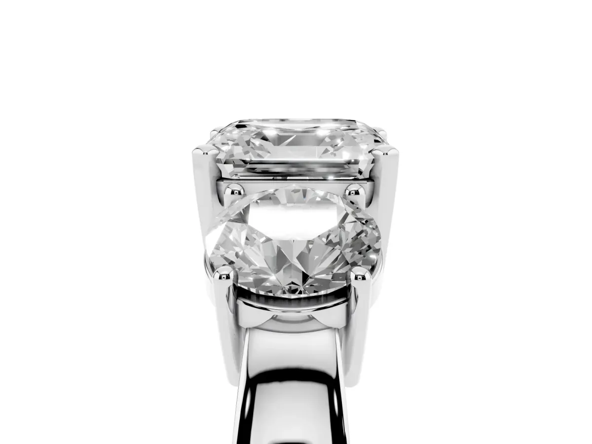 Three-Stone Asscher Cut Diamond Ring with Round Side Stones, Classic Band, and Four-Prong Setting Silver