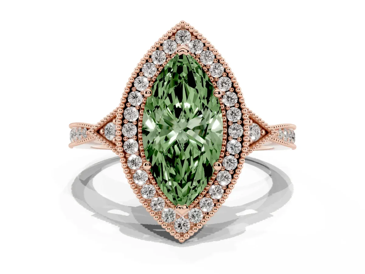 Fancy Green Marquise Cut Halo Round Diamond Milgrain Pave Engagement Ring Rose gold