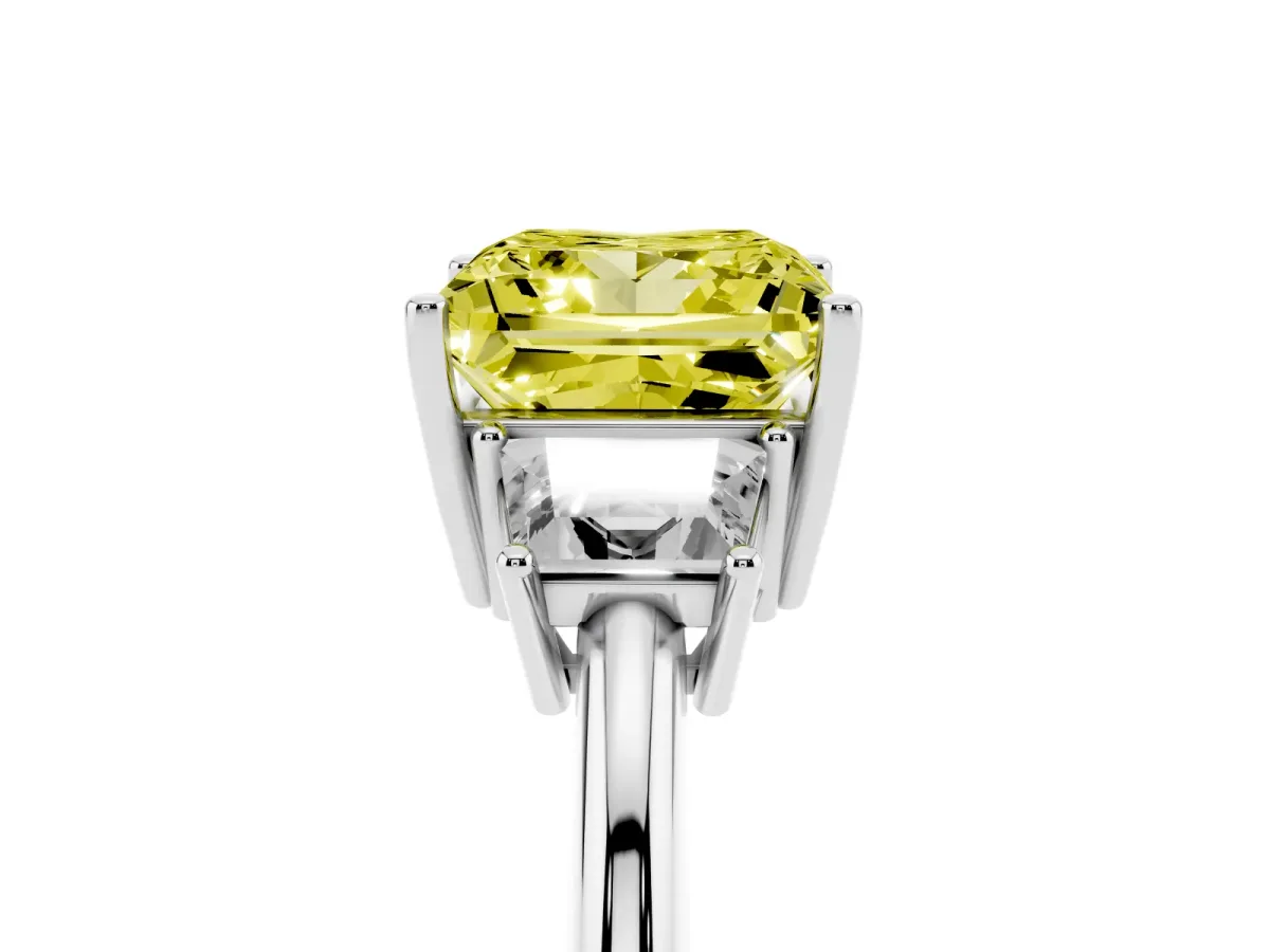 Fancy Yellow Princess Cut Diamond Three-Stone Ring with Trapezoid Side Stones and Prong Setting Silver