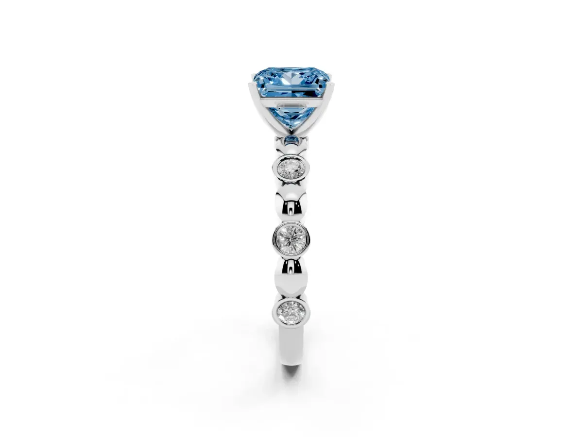 Fancy Blue Princess Cut Solitaire Bezel-Set Diamond Ring with Beaded Band and Four-Prong Setting Silver