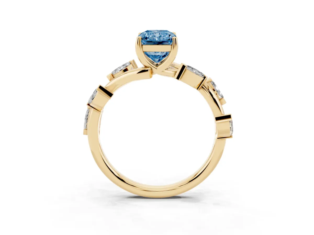 Fancy Blue Radiant Cut Solitaire Twisted Band Marquise Accent Prong Setting Ring Yellow gold