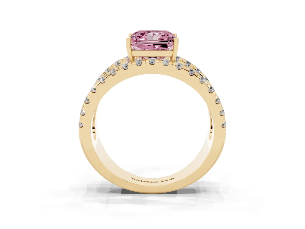 Fancy Pink Princess Cut Solitaire Split Shank Pave Diamond Ring Yellow gold