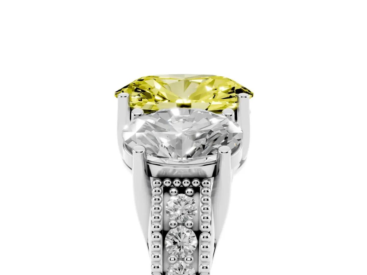 Fancy Yellow Three-Stone Oval Cut Cut Milgrain Pavé Engagement Ring Platinum