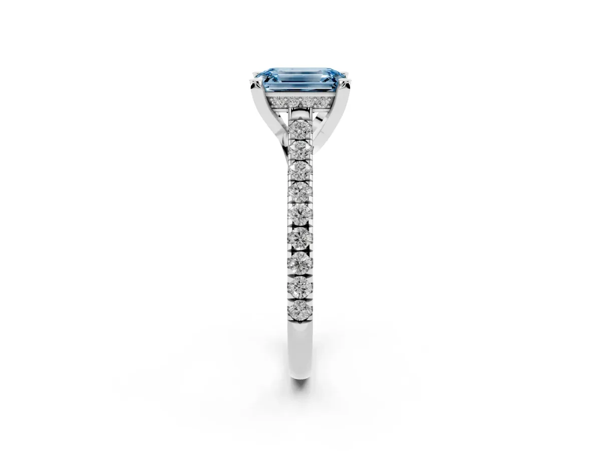 Fancy Blue Emerald Cut Brilliant Diamond Solitaire with Pavé Band and Four-Prong Setting Platinum