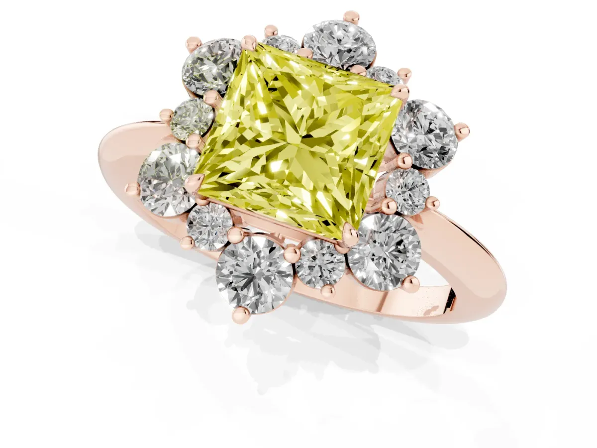 Fancy Yellow Princess Cut Diamond Cluster Halo Ring with Solitaire Band and Four-Prong Setting Rose gold
