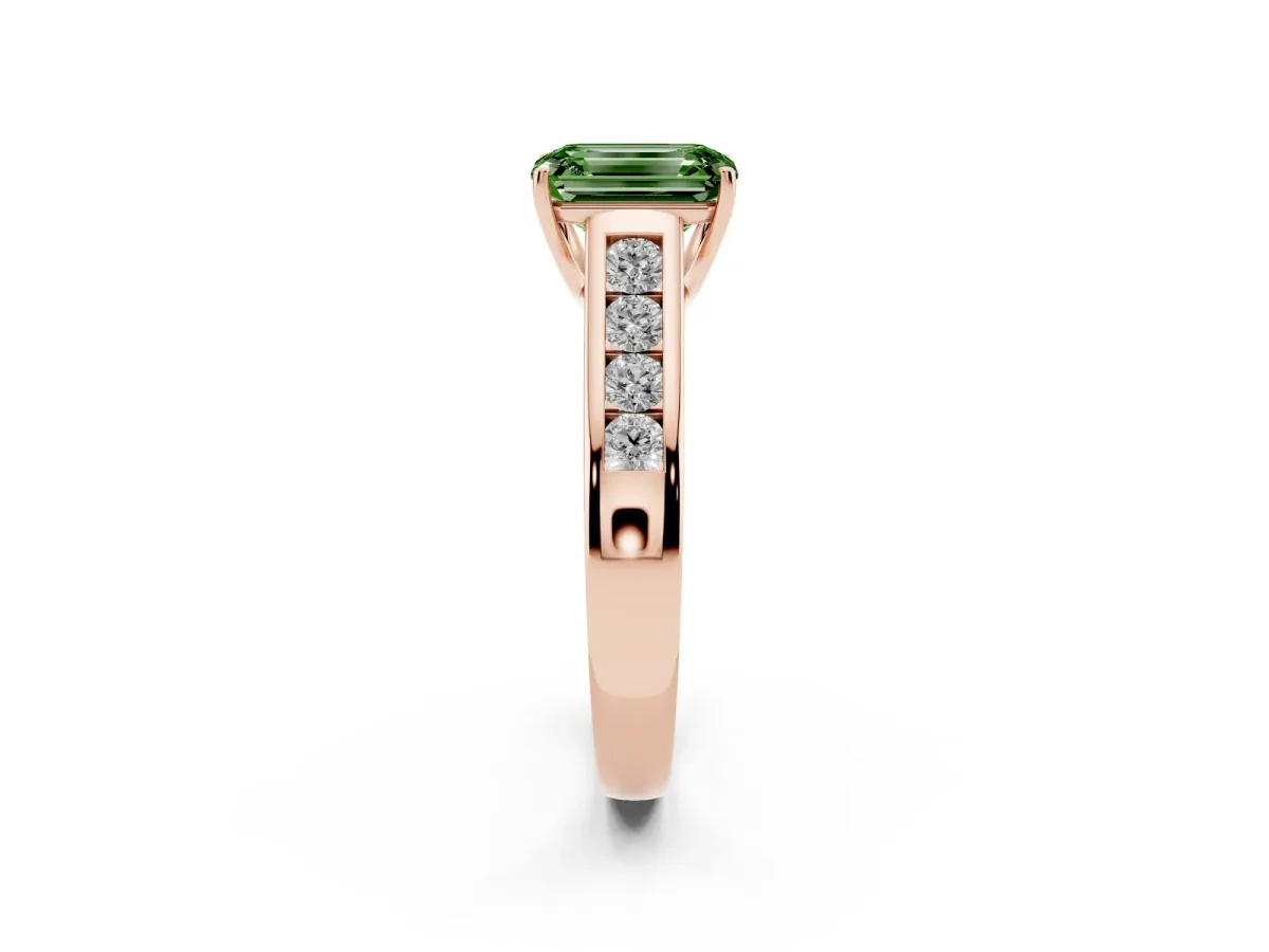 Fancy Green Emerald Cut Solitaire Channel-Set Diamond Engagement Ring with Four-Prong Setting Rose gold