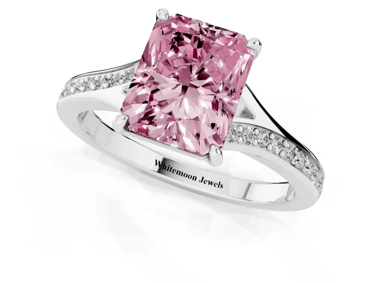 Fancy Pink Radiant Cut Diamond Solitaire Ring with Pavé Band and Prong Setting Silver