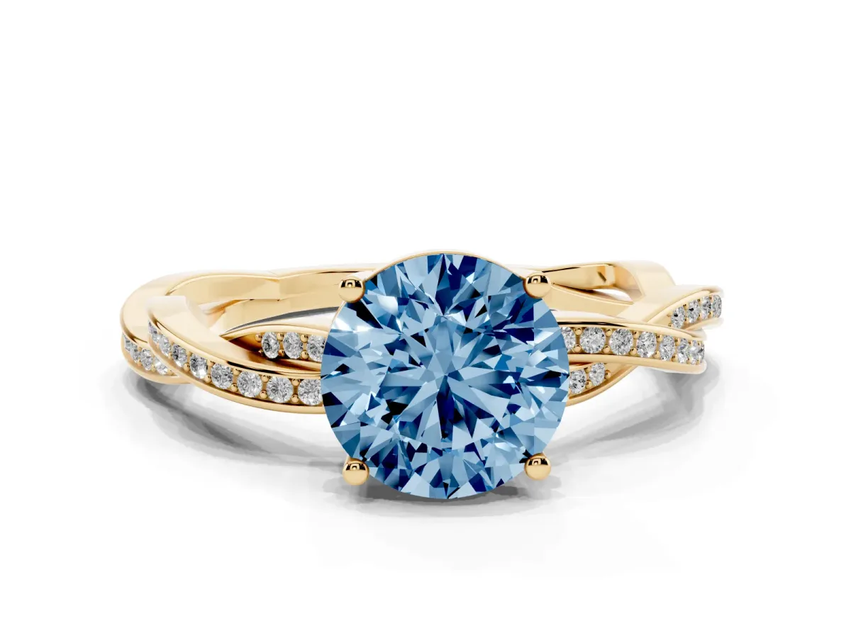 Fancy Blue Round Cut Solitaire Twisted Pave Diamond Ring with Four-Prong Setting Yellow gold