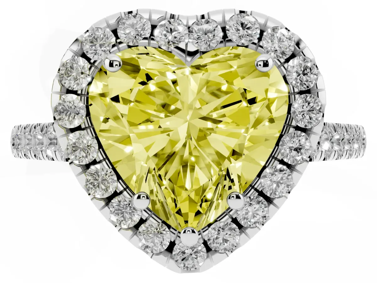 Fancy Yellow Heart Cut Halo Pavé Diamond Engagement Ring with Four-Prong Setting Platinum