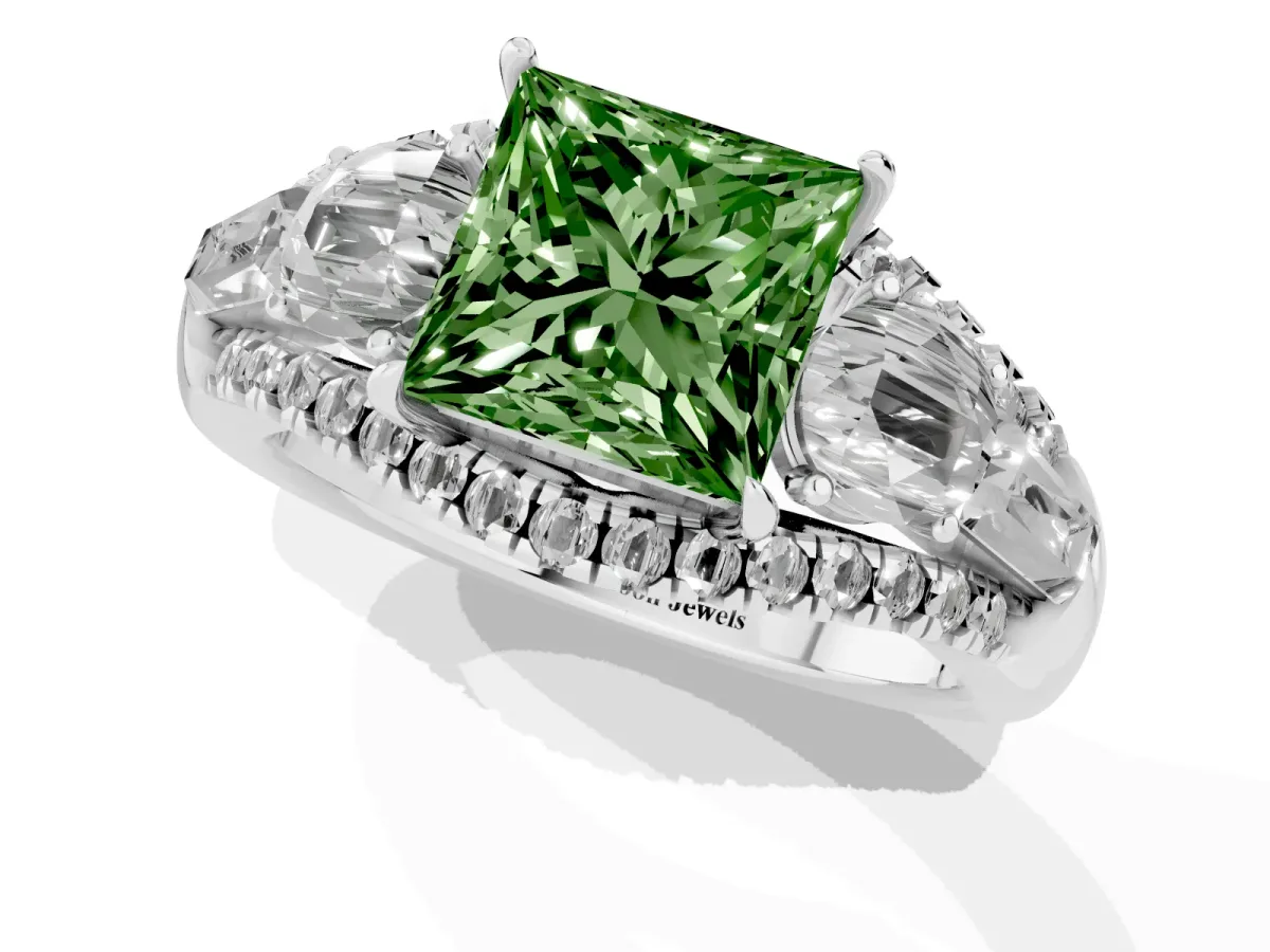 Fancy Green Three-Stone Princess Cut Diamond Engagement Ring with Pave Band and Prong Setting Silver