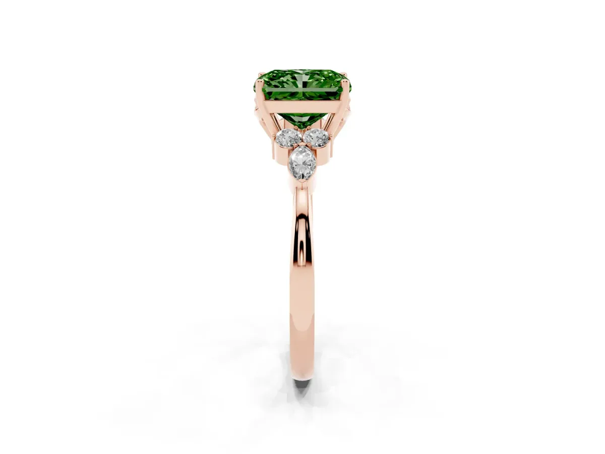 Fancy Green Radiant Cut Brilliant Diamond Solitaire Ring with Pear Side Stones and Four-Prong Setting Rose gold