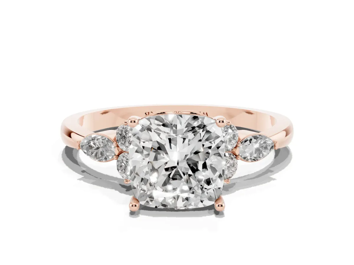 Cushion Cut Brilliant Diamond Solitaire Ring with Pear Side Stones and Four-Prong Setting Rose gold