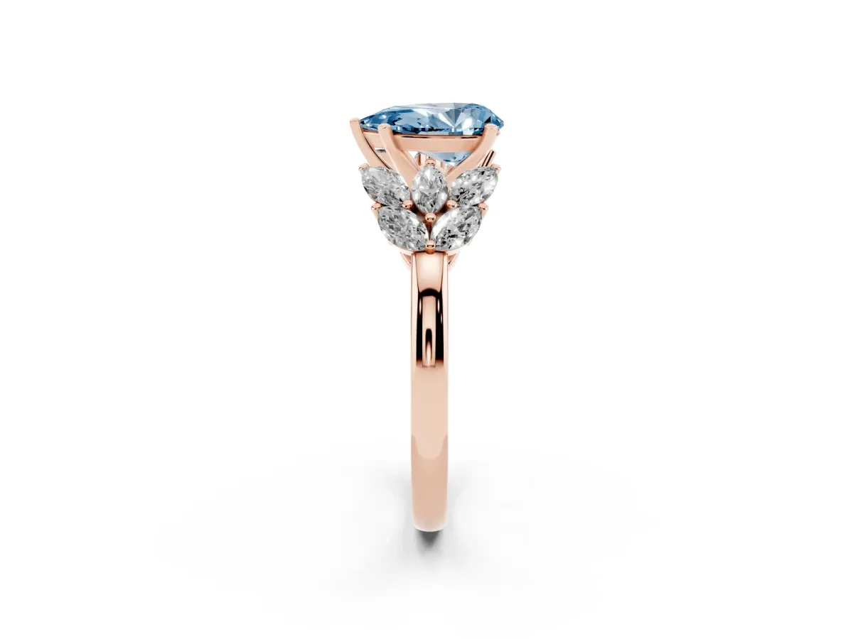 Fancy Blue Pear Cut Diamond Cluster Leaf Design Ring with Prong Setting Rose gold
