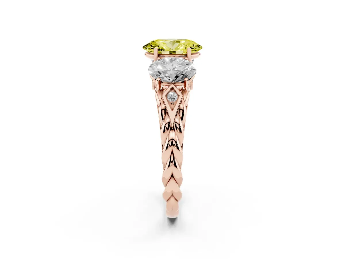 Fancy Yellow Three-Stone Oval Cut Diamond Braided Band Ring with Four-Prong Setting Rose gold