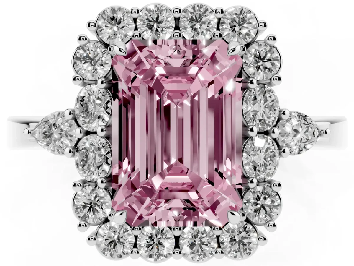 Fancy Pink Emerald Cut Diamond Halo Ring with Pear Side Stones and Prong Setting Silver