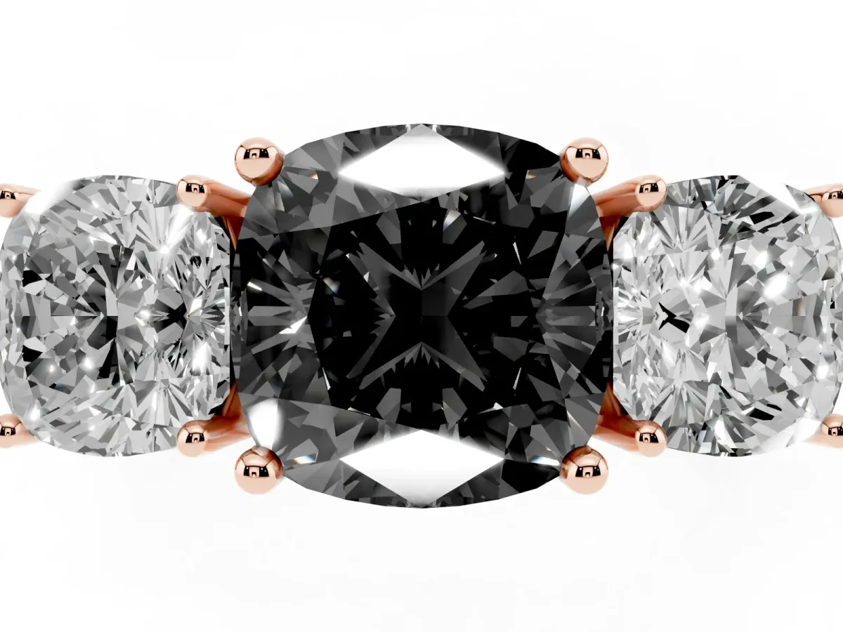 Fancy Black Three-Stone Cushion Cut Cut Diamond Engagement Ring with Prong Setting on a White Gold Band Rose gold