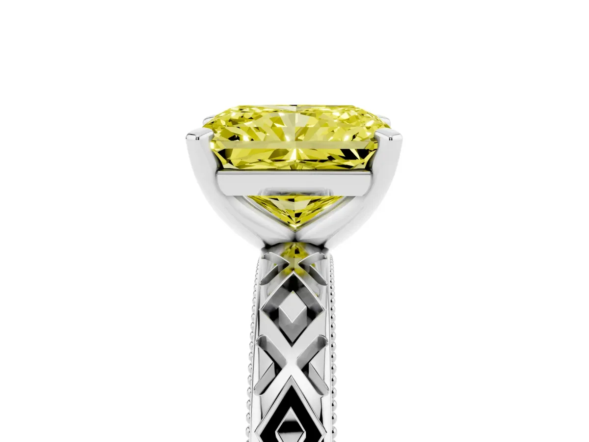 Fancy Yellow Radiant Cut Solitaire Diamond Ring with Milgrain and Black Enamel X Pattern Band White gold