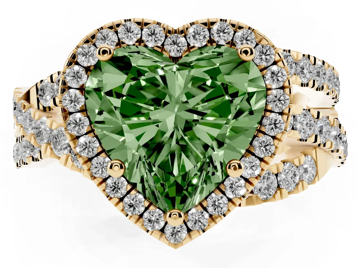 Fancy Green Heart Cut Diamond Halo Ring with Round Split Shank and Prong Setting Yellow gold
