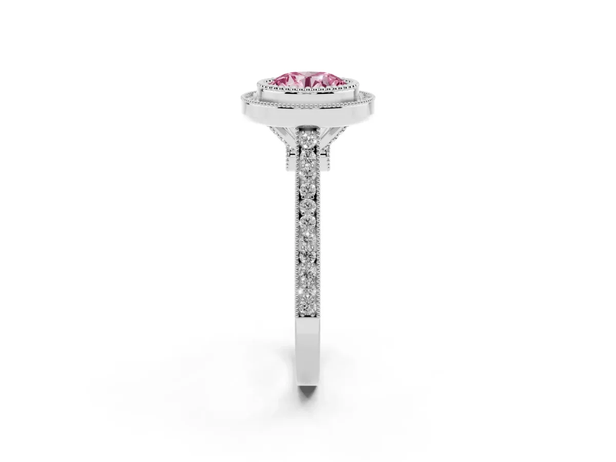 Fancy Pink Round Cut Diamond Halo Ring with Milgrain Frame and Pavé Band Silver