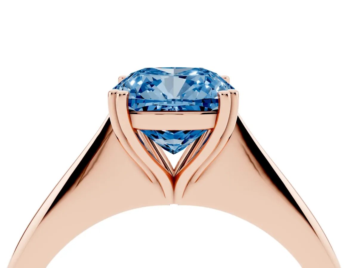 Fancy Blue Cushion Cut Solitaire Diamond Ring with Six-Prong Setting and Classic Band Rose gold