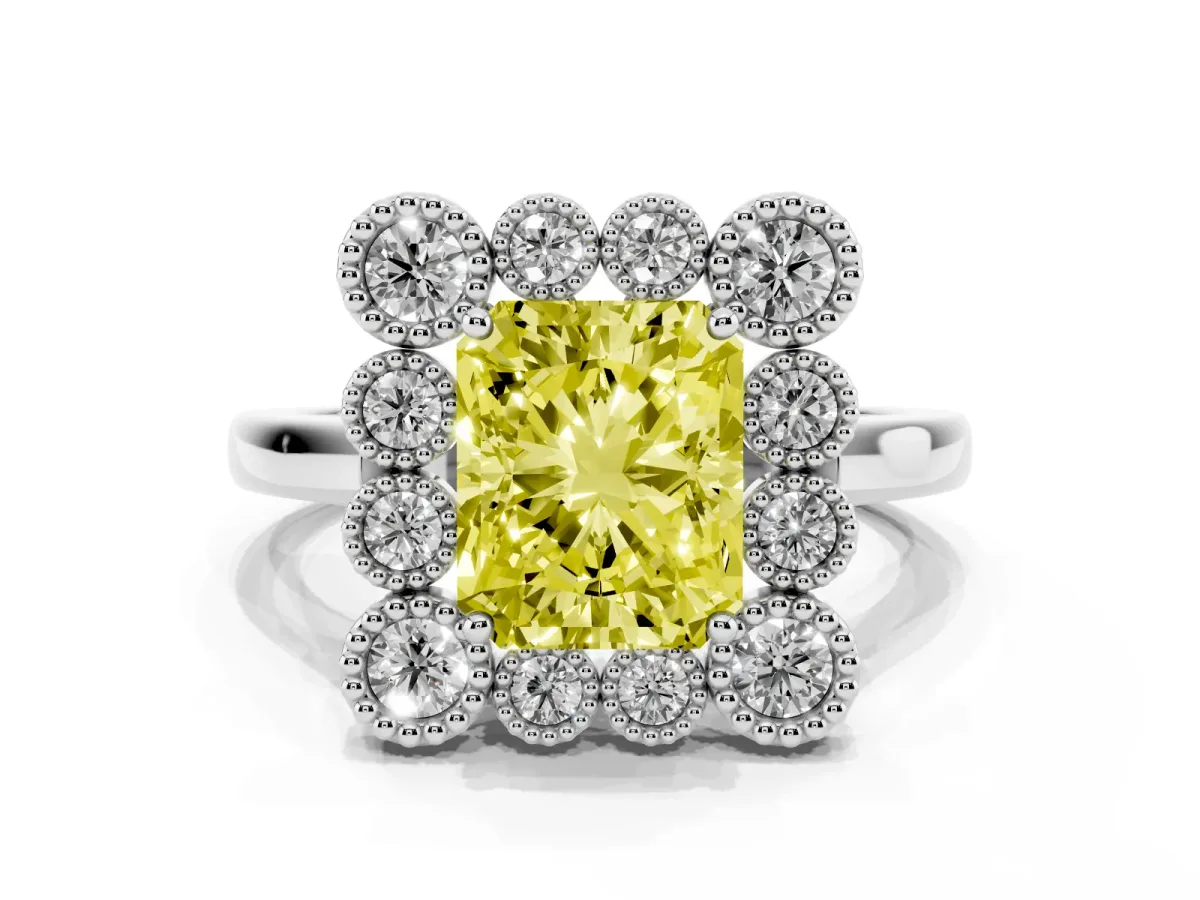 Fancy Yellow Radiant Cut Halo Diamond Cluster Engagement Ring with Milgrain Bezel Setting and Solitaire Band Silver