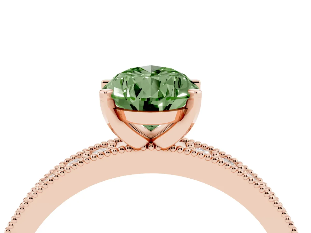 Fancy Green Pear Cut Diamond Milgrain Pavé Engagement Ring with Four-Prong Setting Rose gold