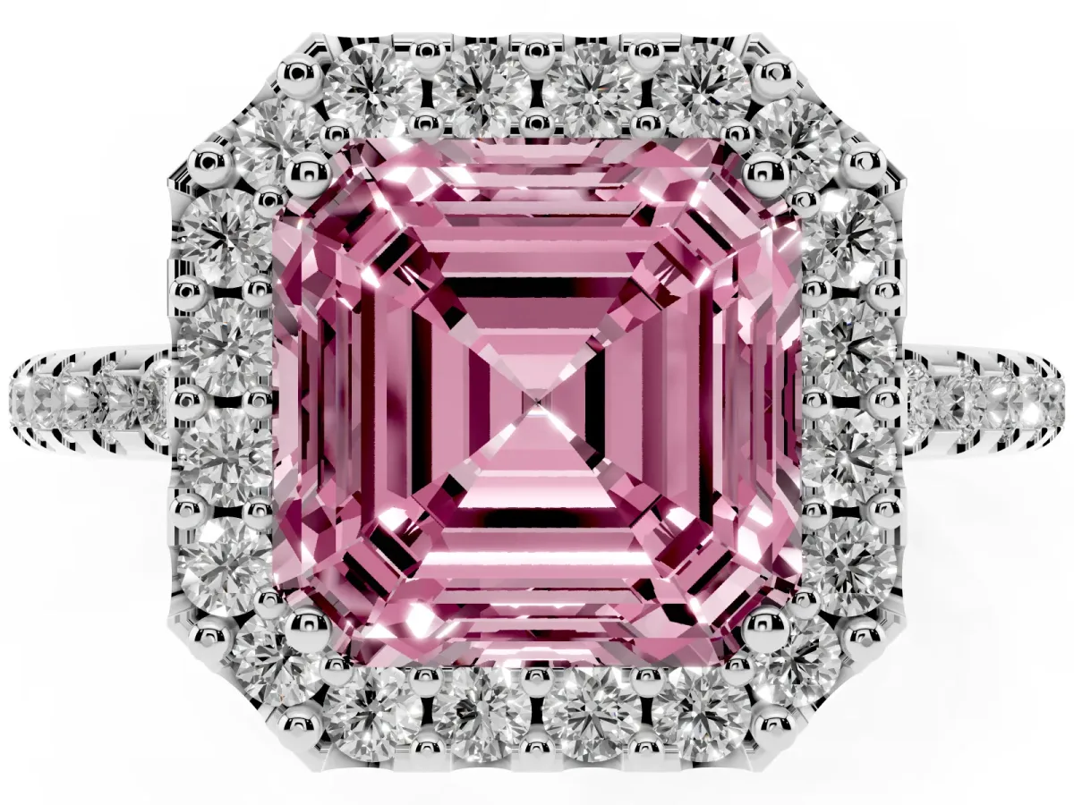 Fancy Pink Asscher Cut Diamond Pavé Halo Ring with Four-Prong Setting Silver