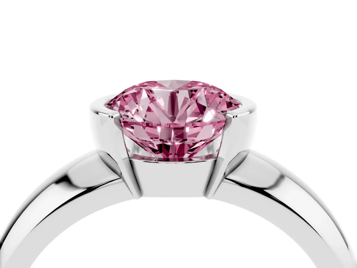 Fancy Pink Round Cut Solitaire Tension Set Diamond Ring with Wide Band Silver